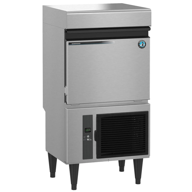 Hoshizaki IM-50BAA-LM 2 x 2 inch cube ice machine in stainless steel with front door and black vent, on legs