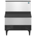 Hoshizaki KM-301BAK under counter crescent ice machine, stainless steel front view with black bin door and legs