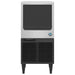 Hoshizaki KM-81BAK under counter crescent ice machine, stainless steel front view with black bin door and legs