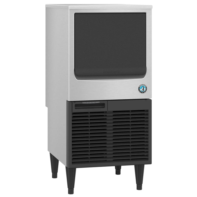 Hoshizaki KM-81BAK under counter crescent ice machine in stainless steel with black grille, angled front view
