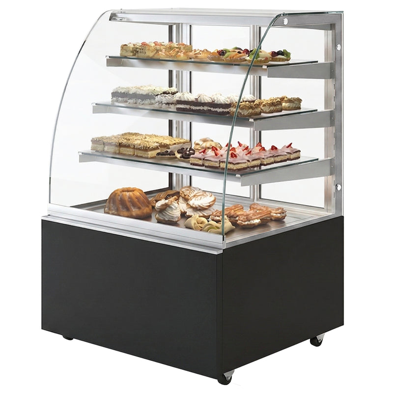 IGLOO DOMINIKA Series curved glass 3 tier refrigerated pastry display case with black base, stocked with desserts