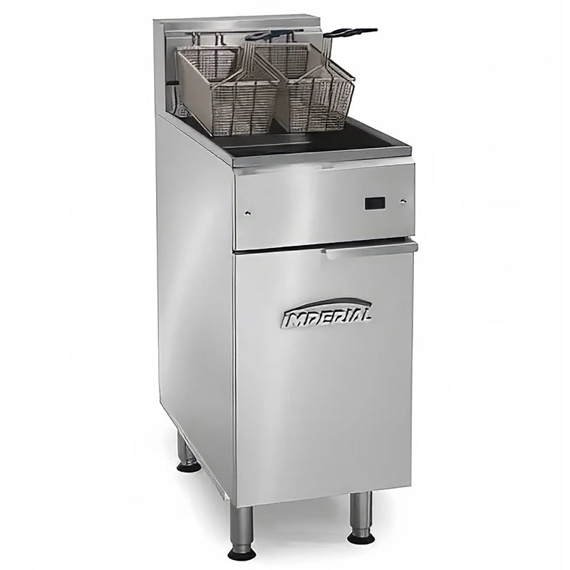 Imperial IFS-40-E 208V electric floor fryer in stainless steel with two fry baskets and cabinet door, angled view