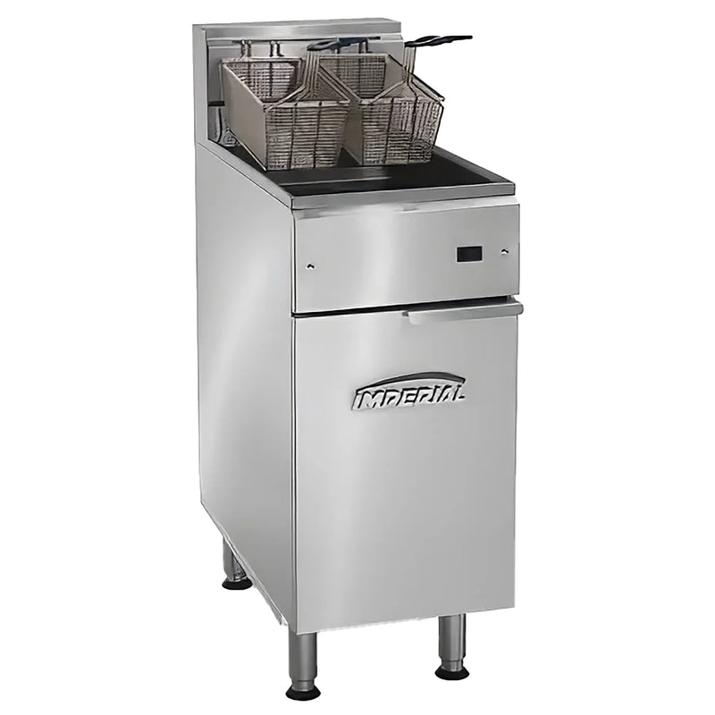 Imperial IFS-50-E 208V 50 lb electric floor fryer, stainless steel tank and cabinet with twin fry baskets, angled