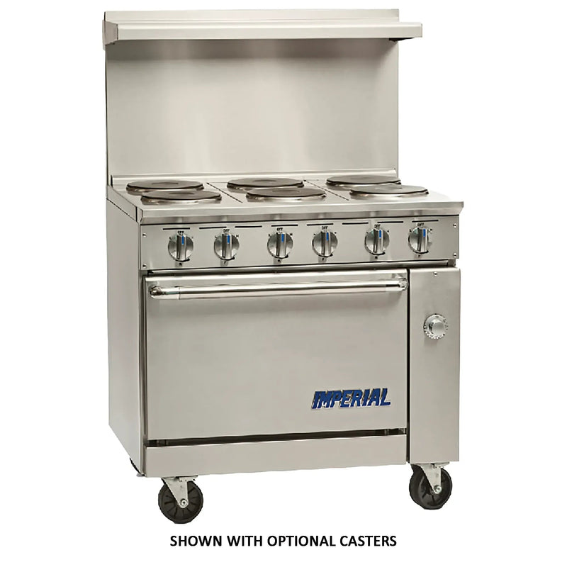 Imperial IR-6-E 36-inch electric range with six French plates, backsplash and standard oven, on optional casters
