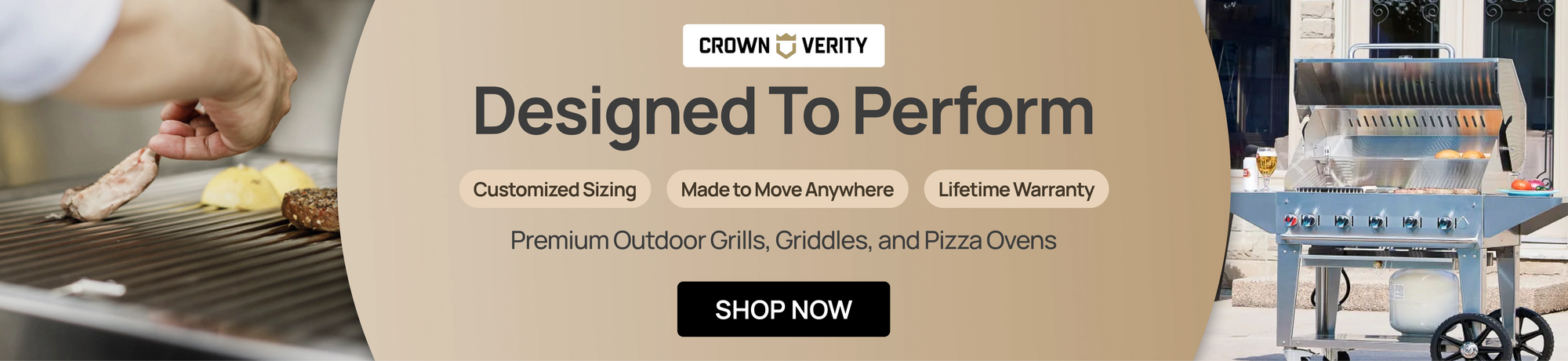 Crown Verity promotional banner for premium outdoor grills, griddles, and pizza ovens.