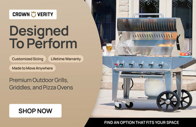 Crown Verity promotional banner for premium outdoor grills, griddles, and pizza ovens.