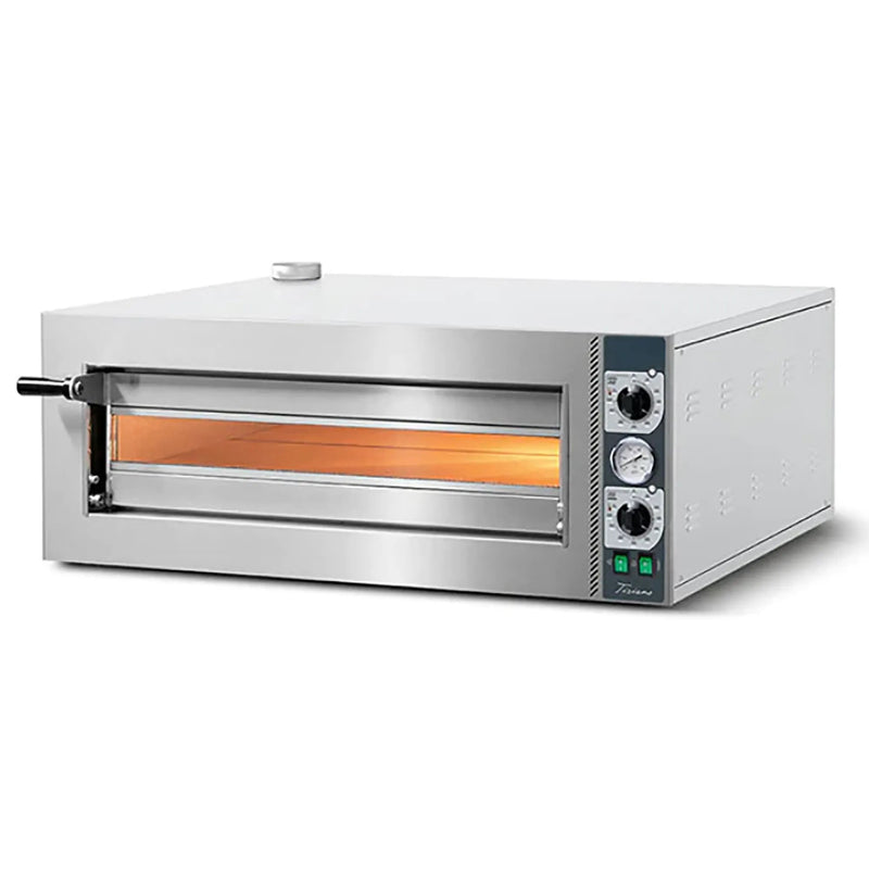 Italiana Food Tech CP425 electric 20-inch Compact Pro single deck pizza oven in stainless steel, angled front view