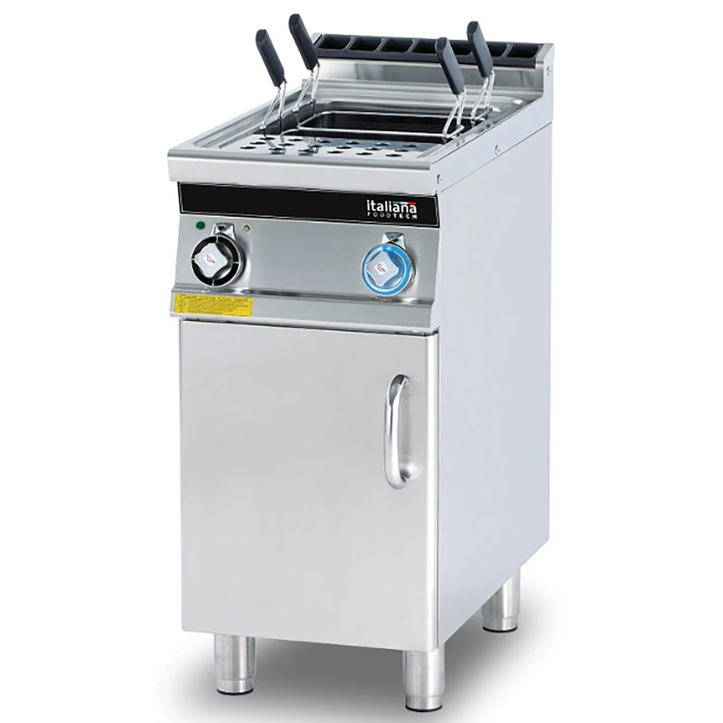 Italiana Food Tech E74 electric single pasta cooker in stainless steel with baskets and rotary controls, front view