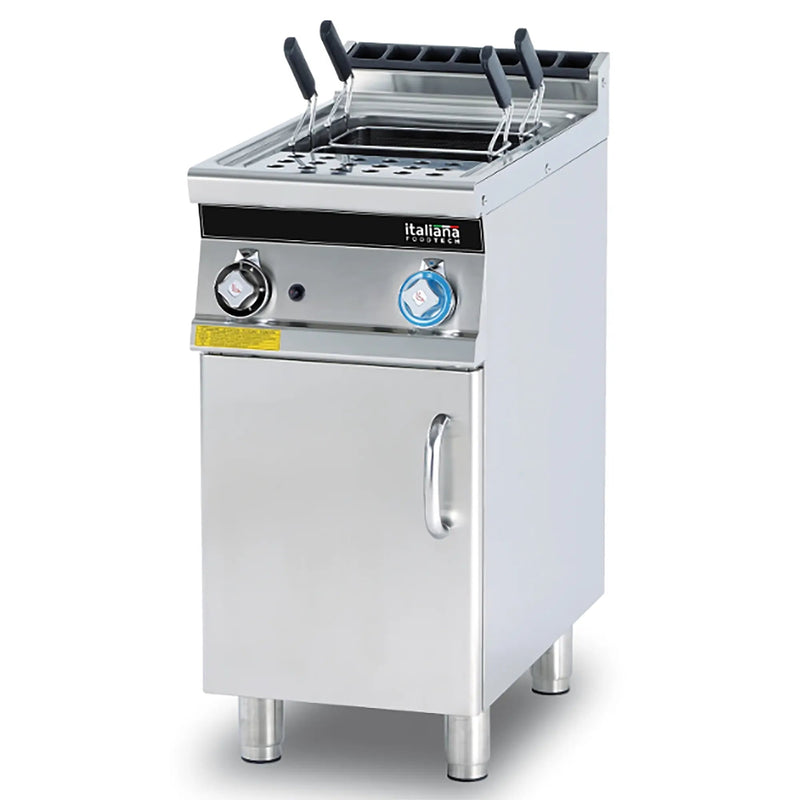 Italiana Food Tech G74 gas single pasta cooker in stainless steel with two large baskets and door base, front view