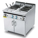 Italiana Food Tech G78 gas double pasta cooker with six portion baskets per side and two door cabinet, angled view