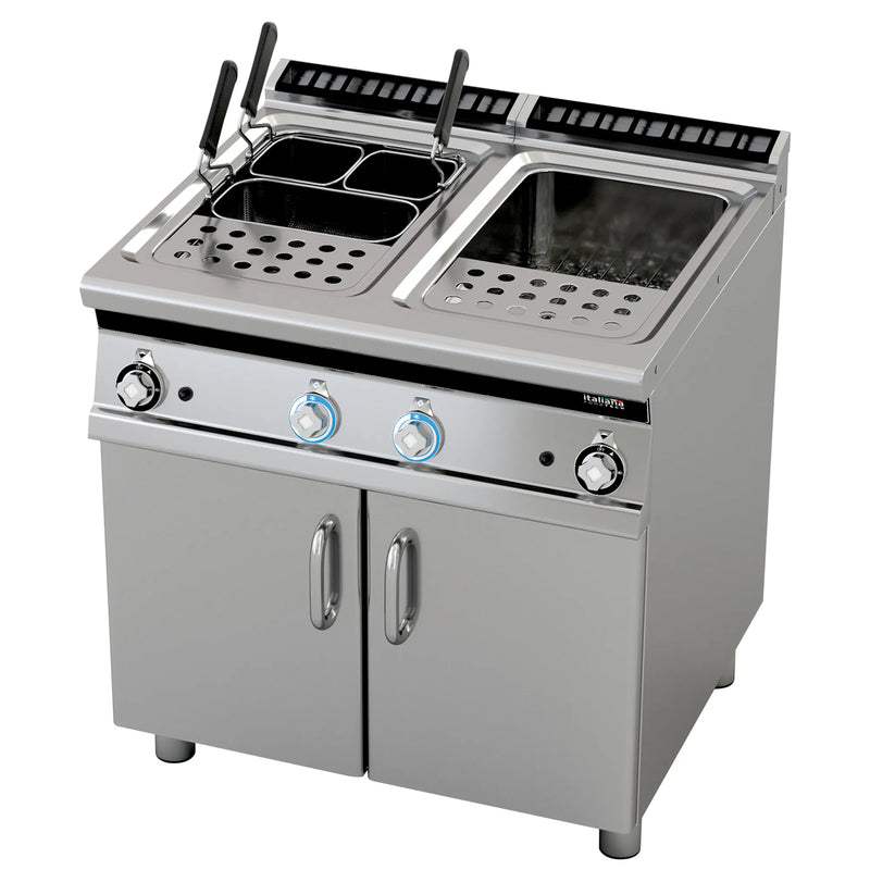 Italiana Food Tech G78 gas double pasta cooker in stainless steel with two wells, large baskets and cabinet base