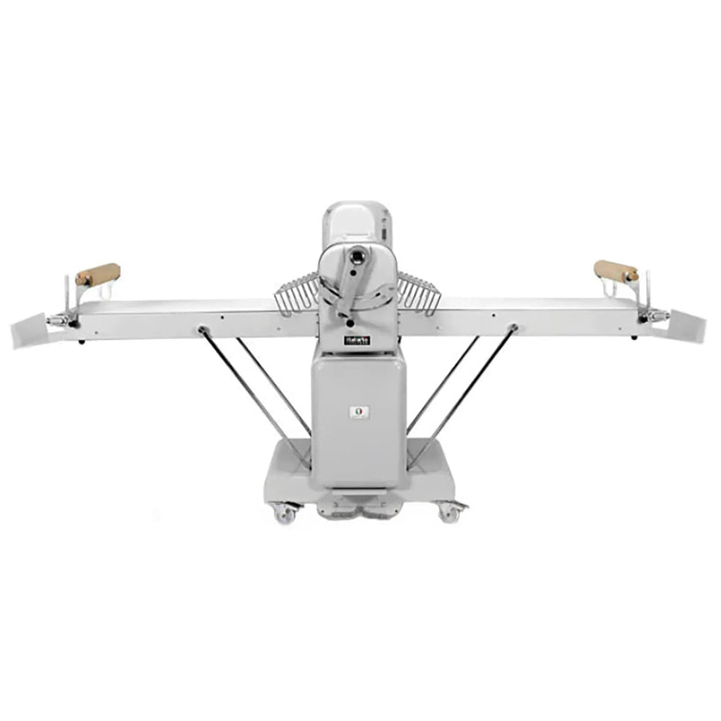 Italiana Food Tech ITA-500-55 floor model reversible conveyor dough sheeter with tables folded out flat, front view