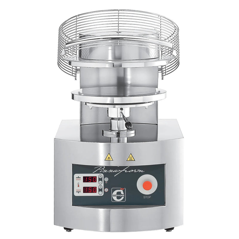Italiana Food Tech PZP40 pizza dough press in stainless steel with digital controls and round guard, front view