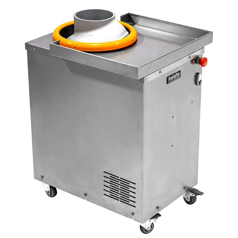 Italiana Food Tech Roundi 35 stainless steel dough rounder on casters with orange top ring, angled front view