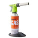 Iwatani CB-TC-CKGR cooking torch mounted on an orange butane gas canister with black stand, side view