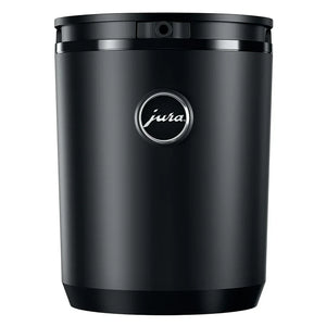 Jura Cool Control 1L milk cooler in black with chrome Jura logo badge, front view