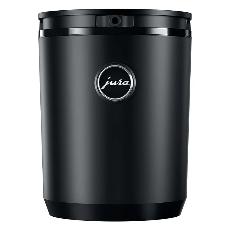 Jura Cool Control 1L milk cooler in black with chrome Jura logo badge, front view