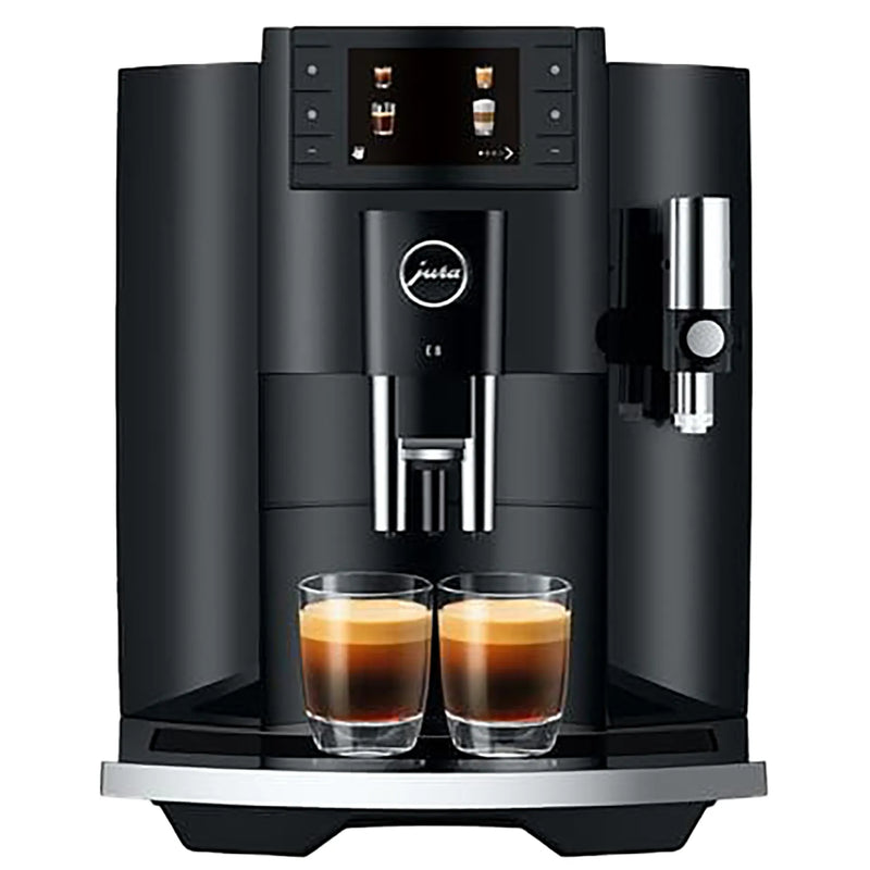 Jura E8 residential automatic coffee machine in piano black with colour display, front view brewing two espressos