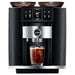 Jura GIGA 10 residential automatic coffee machine in black with twin bean hoppers, front view with an iced coffee