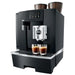 Jura GIGA X8 commercial automatic coffee machine in black, angled view with two espressos on the drip tray