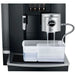Jura GIGA X8 commercial automatic coffee machine, front close-up of the clear milk container and spout