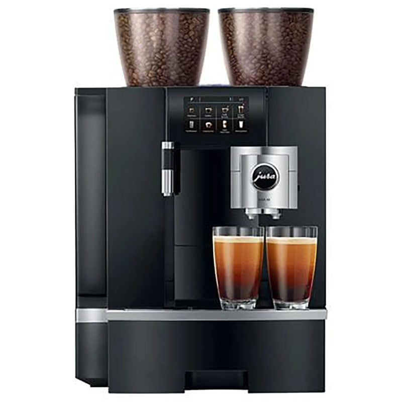 Jura GIGA X8 commercial automatic coffee machine in black with twin bean hoppers, front view with two coffees