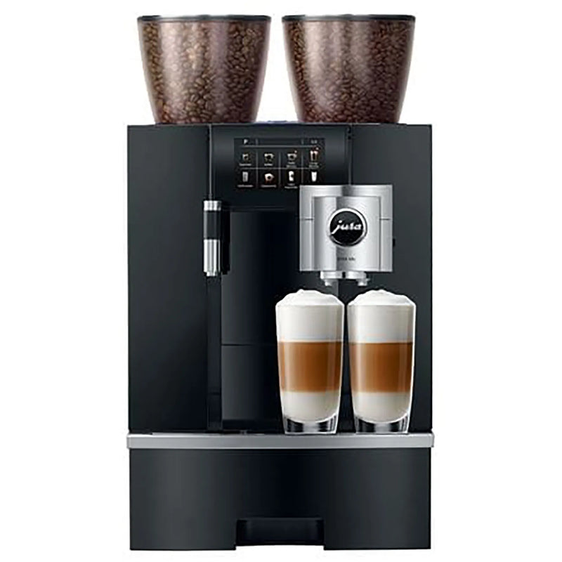 Jura GIGA X8C commercial automatic coffee machine in black with twin bean hoppers, front view with two lattes