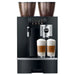 Jura GIGA X8C commercial automatic coffee machine in black with twin bean hoppers, front view with two lattes