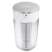 Jura glass milk carafe for automatic coffee machines, 16.9 oz, angled view of the stainless steel and white lid
