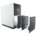 Jura Hot Cup Warmer in white and black, angled view with the door open and cup drawer extended with shelves