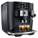 Jura J8 twin residential automatic coffee machine in black, angled view brewing two espressos with touchscreen