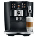 Jura J8 twin residential automatic coffee machine in black, front view with a latte macchiato in a tall glass