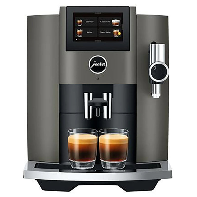 Jura S8 residential automatic coffee machine in dark inox with touchscreen, front view brewing two espressos