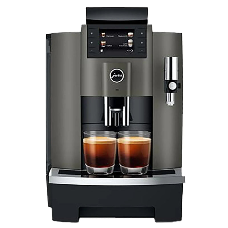 Jura W8 commercial automatic coffee machine in dark inox with colour display, front view with two coffees