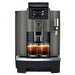 Jura W8 commercial automatic coffee machine in dark inox with colour display, front view with two coffees