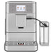 KitchenAid KES8557BK fully automatic espresso machine shown in stainless steel finish with milk container