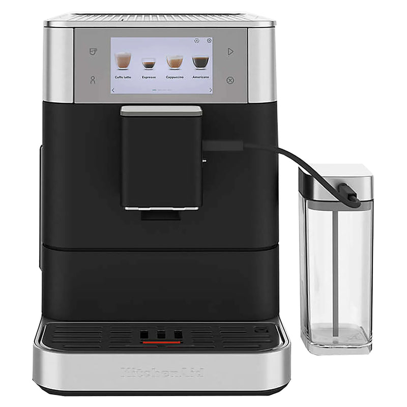 KitchenAid KES8558BK fully automatic espresso machine in black with touchscreen and milk container, front
