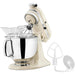 KitchenAid KSM150PSAC Artisan 5 qt stand mixer in almond cream, head tilted up with whisk and beater attachments