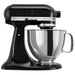 KitchenAid KSM150PSAC Artisan 5 quart tilt-head stand mixer shown in black with stainless steel bowl