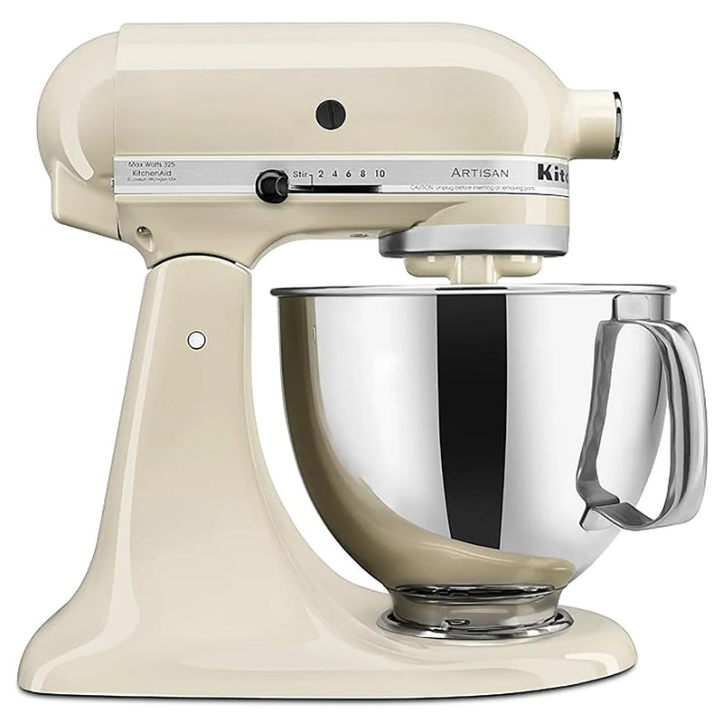 KitchenAid KSM150PSAC Artisan 5 quart tilt-head stand mixer in almond cream with stainless steel bowl, side view
