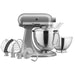 KitchenAid KSM195PSCU Artisan Premium 5 qt stand mixer in silver with two bowls, pouring shield and attachments