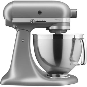 KitchenAid KSM195PSCU Artisan Premium 5 quart tilt-head stand mixer in silver with stainless bowl, side view