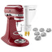 KitchenAid KSMPEXTA gourmet pasta press on a red stand mixer with its interchangeable pasta shape plates