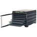 LEM 1729 Mighty Bite 6-tray food dehydrator with the clear door open and drying trays pulled partly out