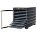 LEM 1730 Mighty Bite 10-tray food dehydrator with the clear door open and drying trays pulled partly out