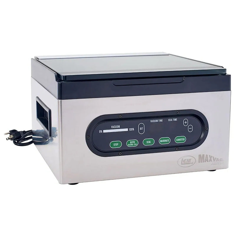 LEM 1745 MaxVac Pro chamber vacuum sealer in stainless steel with black lid and green touch controls, angled