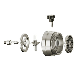 LEM BigBite dual grind kit, exploded view of the stainless steel auger stud, plates, knives and grinder ring