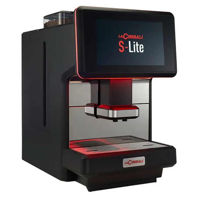 La Cimbali S-LITE automatic espresso machine in black with touchscreen and red accent lighting, angled view