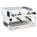 La Marzocco CLASSIC-S-AV-2-GR two group espresso machine, angled view of the stainless steel body and cup warmer rail