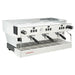 La Marzocco CLASSIC-S-AV-3-GR three group espresso machine, angled view showing steam wands and stainless drip tray
